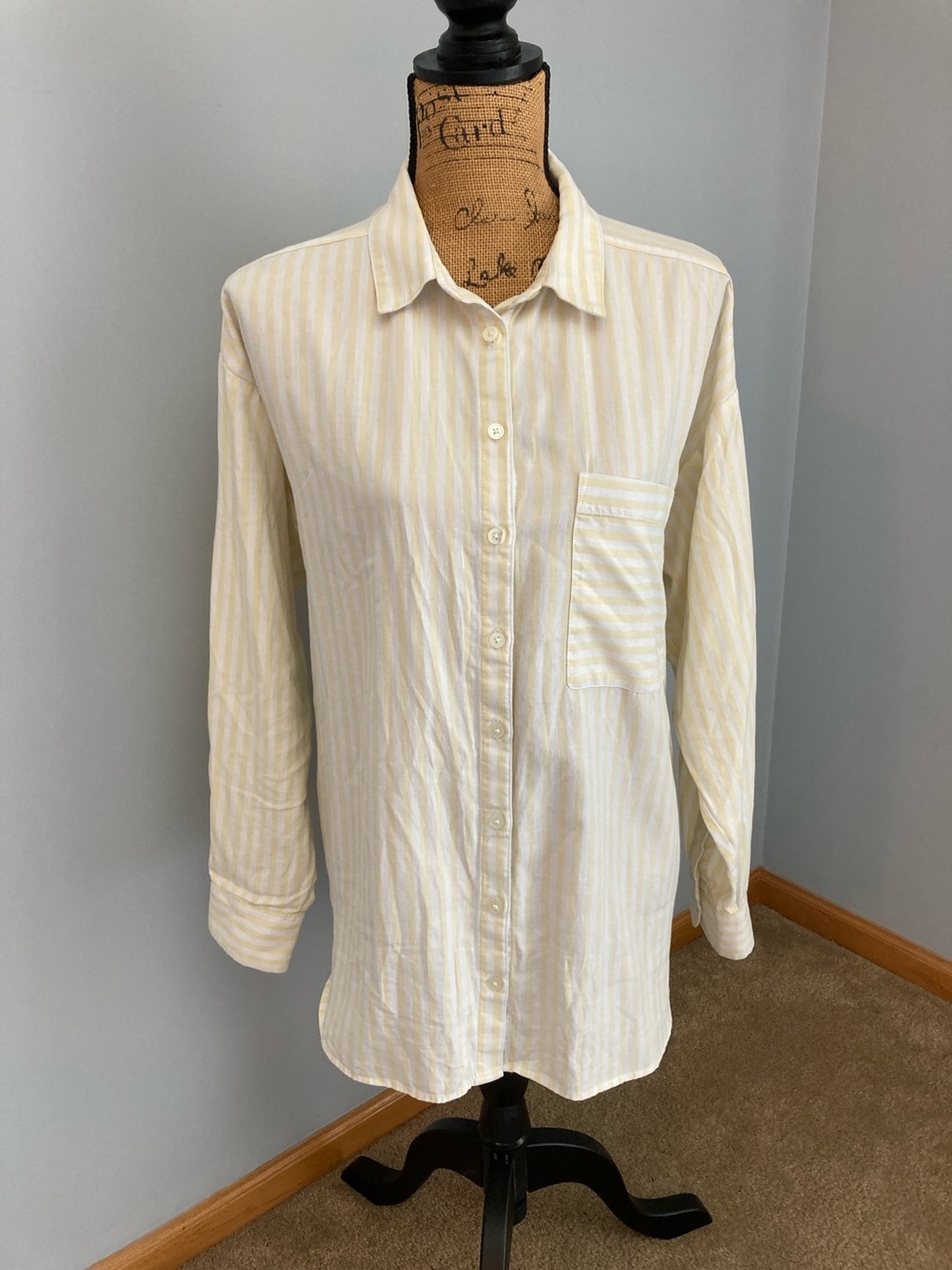 LOFT Yellow Stripe Classic Button-Down Shirt Women Size Large